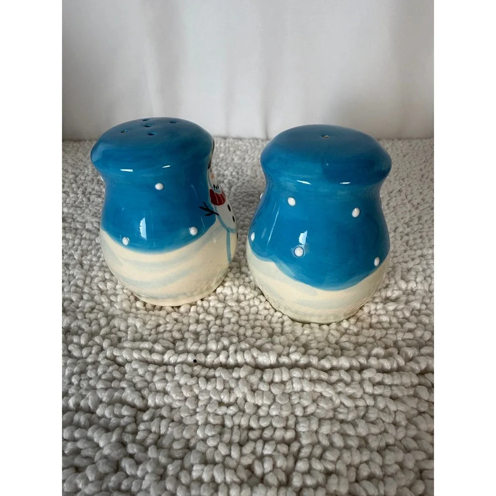 VTG‎ Hand Painted Snowman Salt and Pepper Shakers Ceramic Blue Winter Holiday